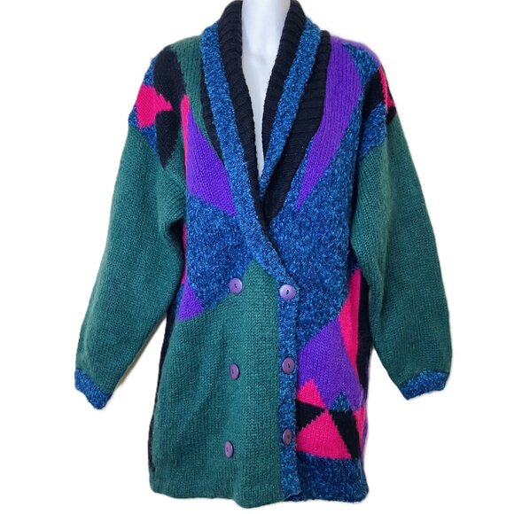 La Monte Mohair Blend Knit Cardigan Sweater Jacket Vintage Jewel Tone Geometric - Picture 1 of 11